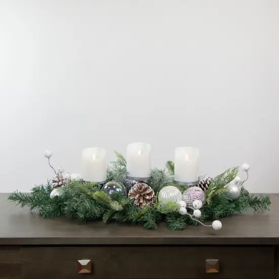 Northlight Pine and Berries Triple Candle Holder with Iridescent Christmas Ornaments - 32" Green {3}