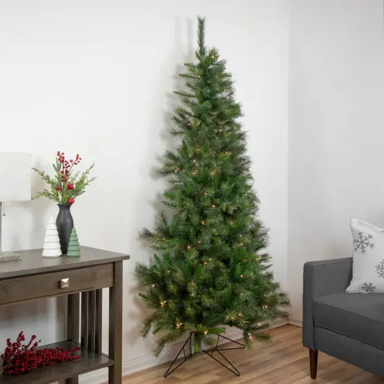 Northlight Real Touch&trade;️ Pre-Lit Slim Canyon Pine Artificial Half Wall Christmas Tree - 7.5' - Clear Lights Green {3}