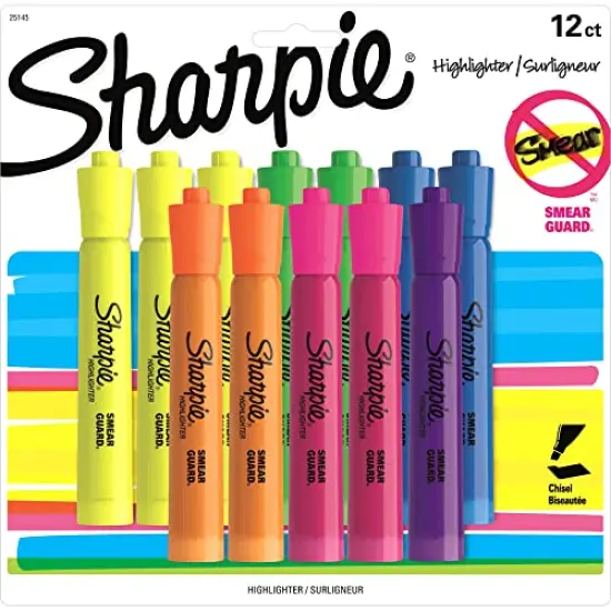 12 Count,Tank Style Highlighters, Chisel Tip, Assorted {3}