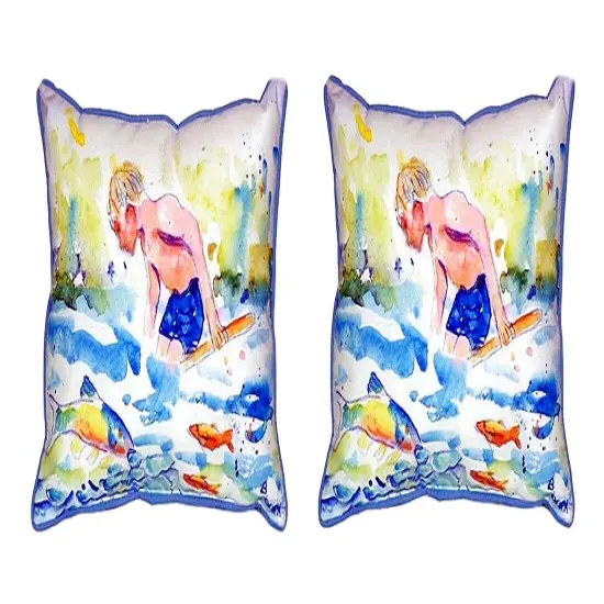 Pair of Betsy Drake Boy & Fish Large Indoor/Outdoor Pillows 12 X 12 {1}