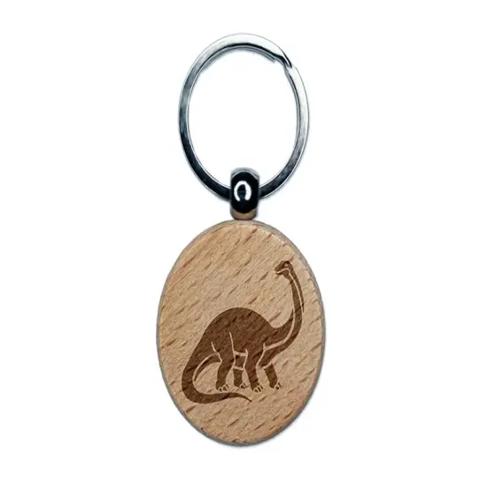 Brontosaurus Dinosaur Engraved Wood Round Keychain Tag Charm {1}