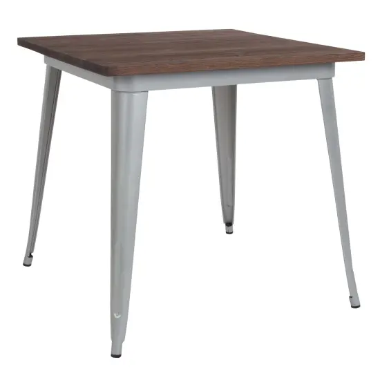Merrick Lane Modern 31.5" Square Metal Table with Rustic Wood Top for Indoor Use Black {8}