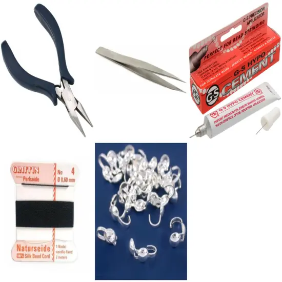 Bead Tip Kit - Pliers, Tweezers, Cement, Black Bead Cord #4 & 25 Bead Tips {1}