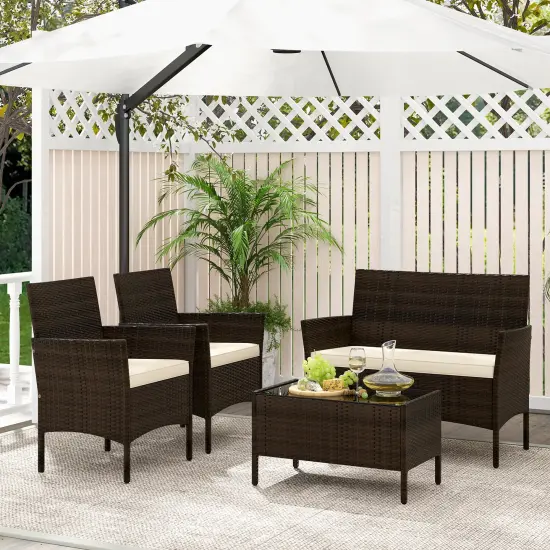 4 Piece Patio Rattan Conversation Set With Cozy Seat Cushions Navy {7}