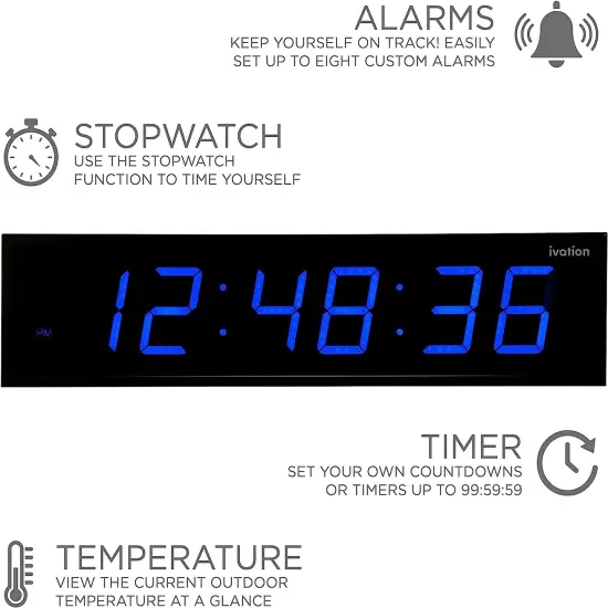 Ivation 72 in. Large Digital Wall Clock, LED Digital Clock with Timer and Alarm White {12}