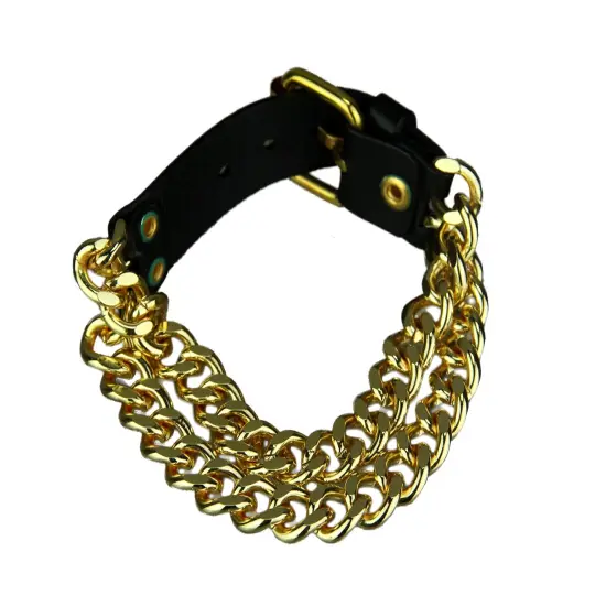 Double Row Curb Link Bracelet With Black Leather Clasp {4}