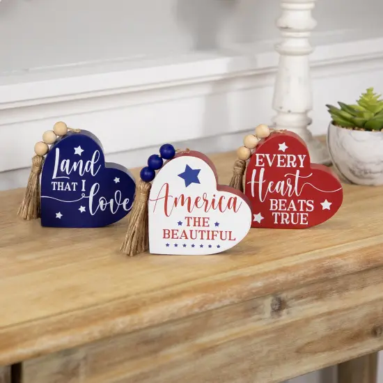 Northlight Patriotic Hearts with Beaded Tassels Wooden Signs - 3.75" - Set of 3 Red {3}