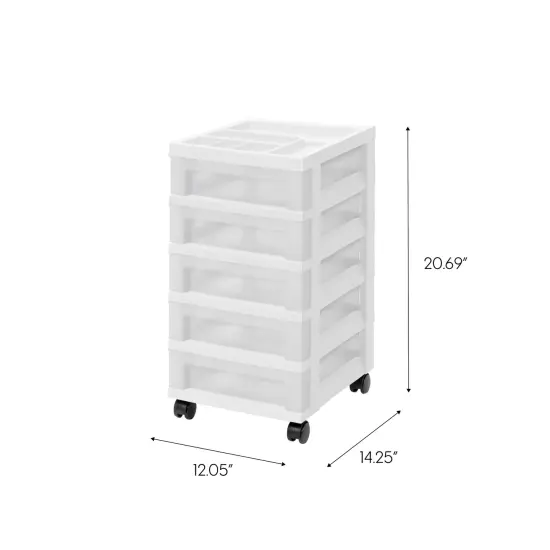 5-Drawer Storage Cart with Organizer Top, White/Pearl {6}