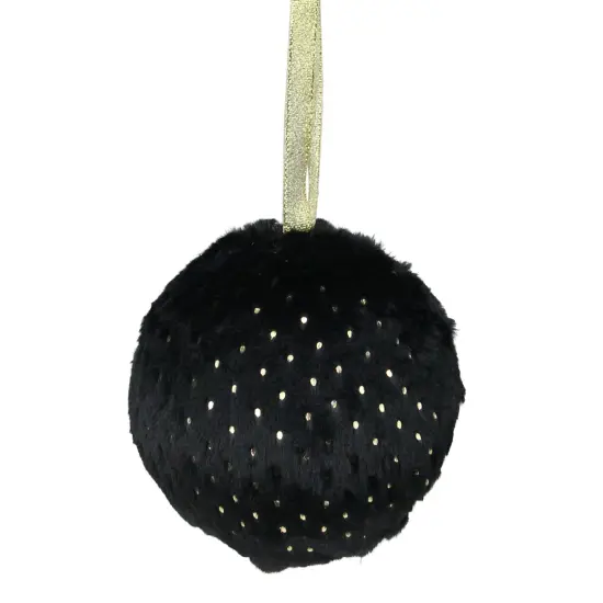 Northlight Polka-Dotted Furry Christmas Ball Ornament - 4" (101mm) - Black and Gold {1}