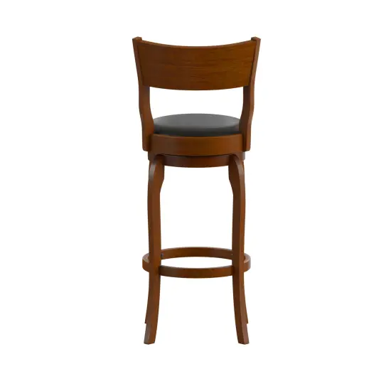 Merrick Lane Tally 30" Classic Wooden Open Back Swivel Bar Height Pub Stool with Upholstered Padded Seat and Integrated Footrest Espresso/Black {9}
