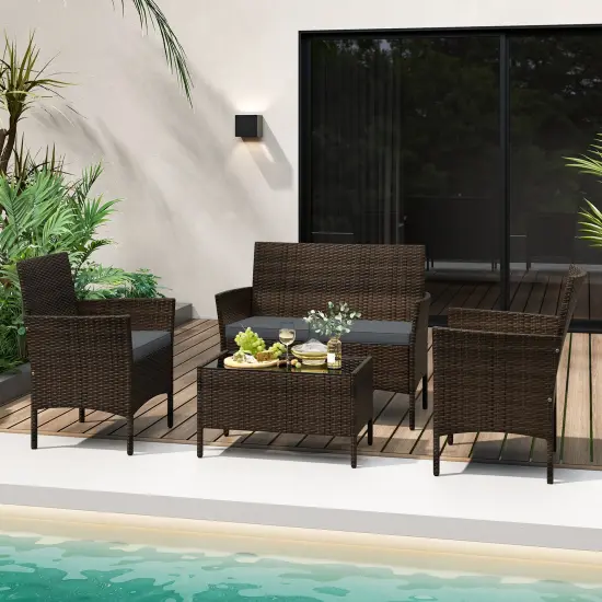 4 Piece Patio Rattan Conversation Set With Cozy Seat Cushions Grey {6}