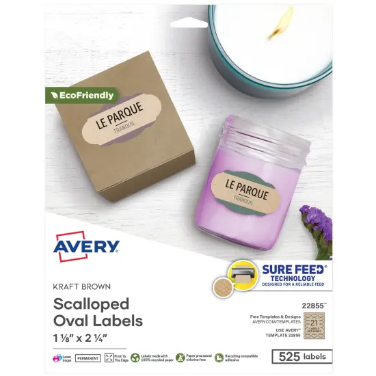 Avery Kraft Brown Scalloped Oval Labels with Sure Feed Technology, 1-1/8" x 2-1/4", Print to the Edge, Laser/Inkjet Printable Labels, 525 Total (22855) {1}