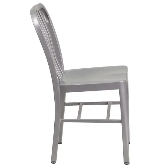 Merrick Lane Santorini 18 Inch Galvanized Steel Indoor/Outdoor Dining Chair with Slatted Back And Powder Coated Finish Silver {5}