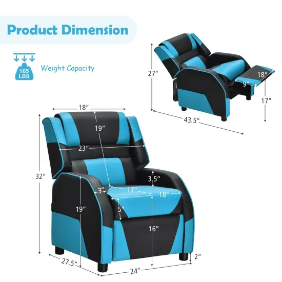 Kids Youth PU Leather Gaming Sofa Recliner with Headrest and Footrest Blue {5}
