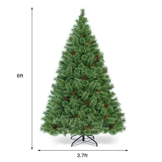 Costway 6Ft Pre-Lit PVC Artificial Carolina Pine Tree Flocked Cones Hinged w/ LED Lights {2}