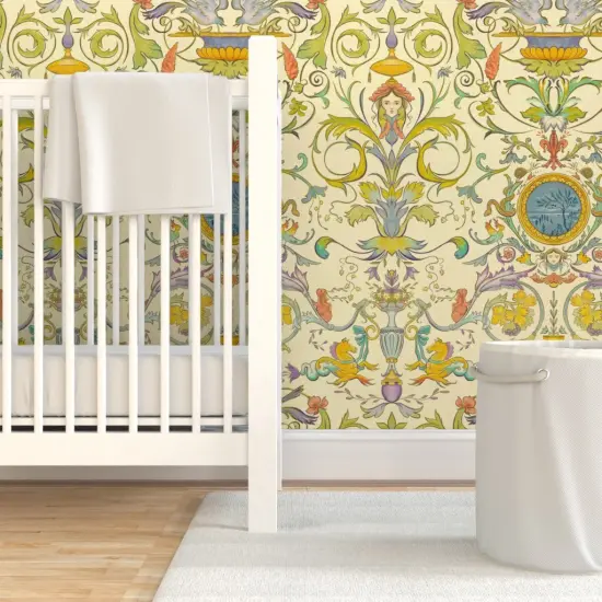 Pre-Pasted Wallpaper 2FT Wide Multicolor Baroque Renaissance Floral Fresco Botanical Birds Victorian Large Scale Water Color Horses. Italian Custom Pre-pasted Wallpaper by Spoonflower {7}