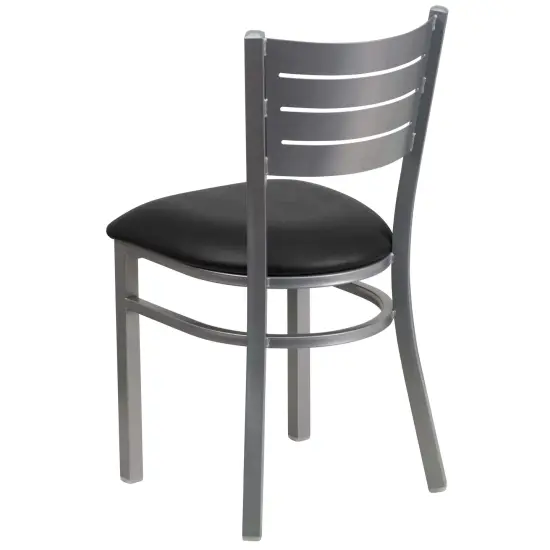 Emma and Oliver 2 Pack Silver Slat Back Metal Restaurant Chair BlackVinyl/Silver {3}