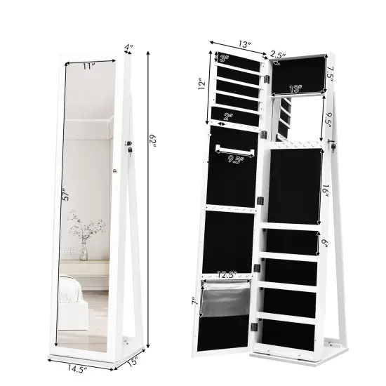 FreeStanding Lockable Jewelry Storage Organizer with Full-Length Mirror White {3}