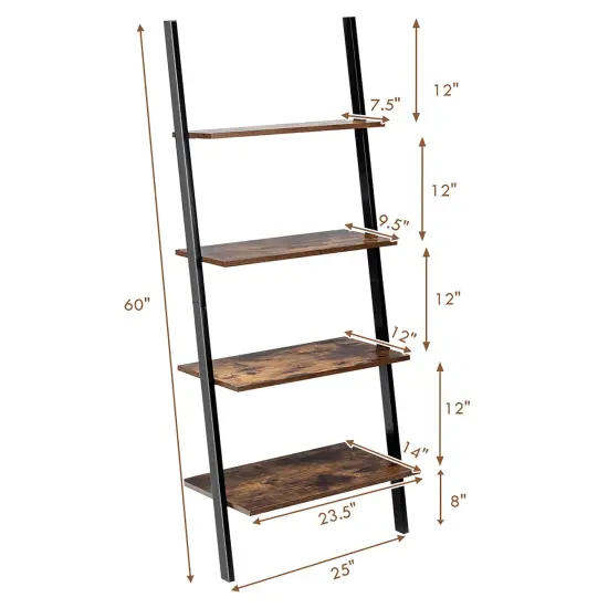 Costway Industrial Ladder Shelf 4-Tier Leaning Wall Bookcase Plant Stand Rustic Black/Brown {3}
