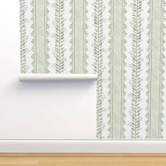 Peel & Stick Wallpaper 2FT Wide Sage Green Stripe Botanical Watercolor Garden Grandmillenial Custom Removable Wallpaper by Spoonflower {2}