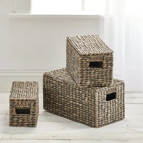 mDesign Woven Water Hyacinth Storage Basket, Lid/Handles, Set of 3 {2}