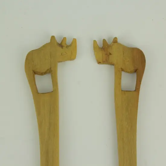 Hand Carved Wood Decorative Rhinoceros Handle Salad Server Set {4}