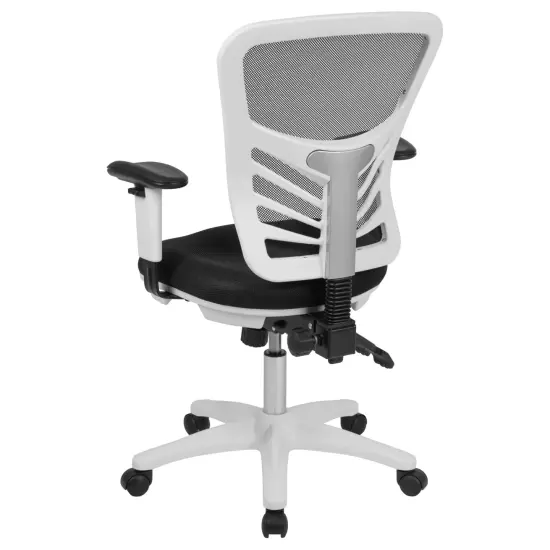 Emma and Oliver Mid-Back Mesh Triple Paddle Swivel Ergonomic Office Chair with Adjustable Arms BlackMesh/WhiteFrame {4}