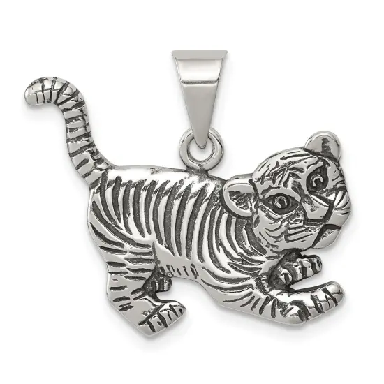 Sterling Silver Antiqued Tiger Charm Pendant Jewelry 23mm x 26mm {1}