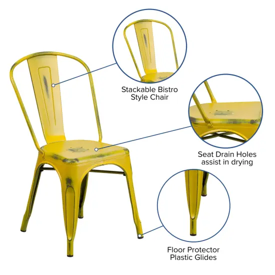 Merrick Lane Banks Indoor/Outdoor Stacking Metal Dining Chair with Single Slat Back and Distressed Powder Coated Finish Yellow {2}