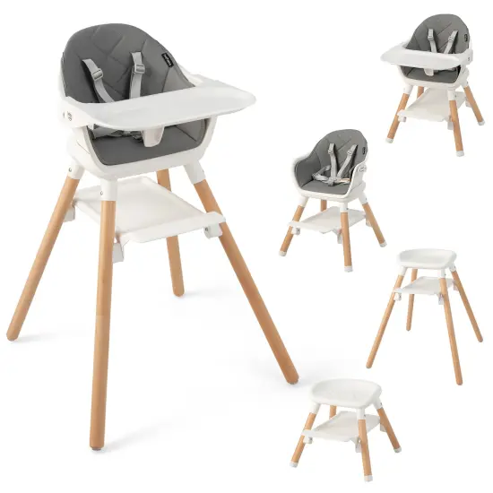Costway 6-in-1 Convertible Wooden Baby Highchair Infant Feeding Chair with Removable Tray Black/Grey/Pink/White/Beige {6}