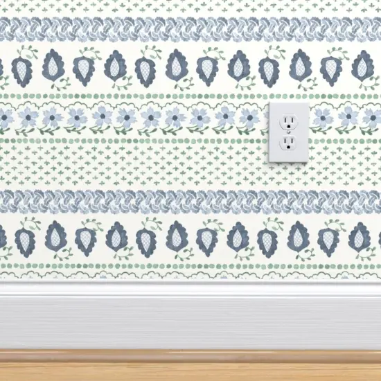 Pre-Pasted Wallpaper 2FT Wide Boho Stripe Paisley Floral French Provincial Clovers Grandmillennial Cottagecore Dots Blue Green Custom Pre-pasted Wallpaper by Spoonflower {4}