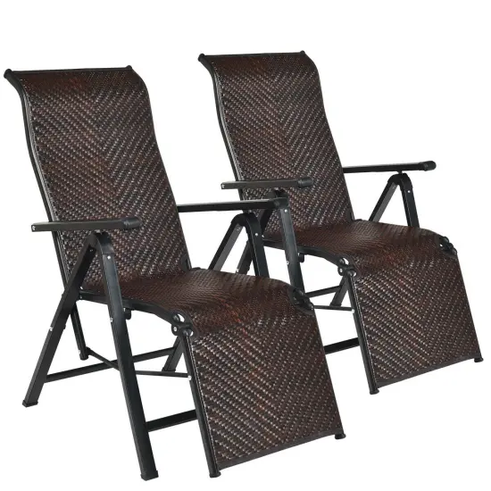 Costway 2PCS Patio Rattan Folding Lounge Chair Recliner Back Adjustable Beach Yard Pool {3}