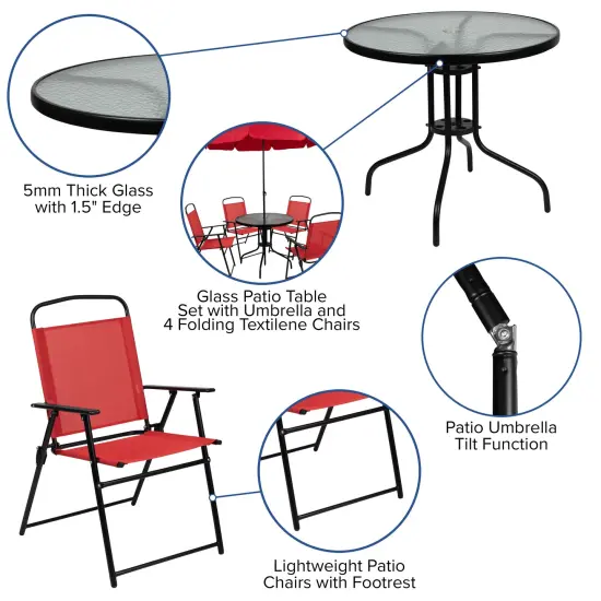 Emma and Oliver 6 Piece Patio Garden Set with Table, Umbrella and 4 Folding Chairs Red {2}