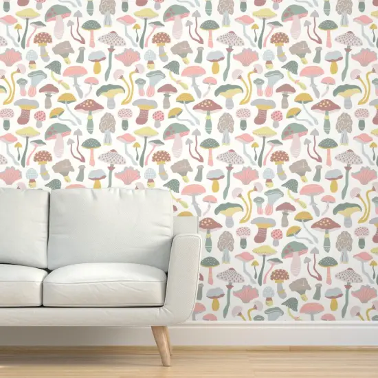 Pre-Pasted Wallpaper 2FT Wide Neutral Mushrooms Neutral Pink Green Kids Baby Nursery Gender Custom Pre-pasted Wallpaper by Spoonflower {5}