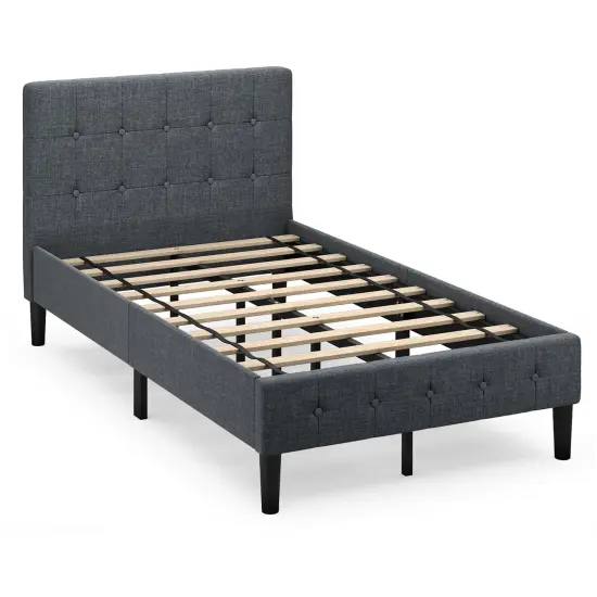 Costway Twin Size Upholstered Bed Frame Platform Bed with Button Tufted Headboard Mattress Foundation Grey {2}