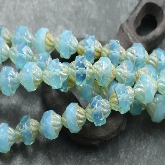 *14* 12x10mm Silver Washed Light Blue Aqua Opaline Picasso Turbine Beads {1}