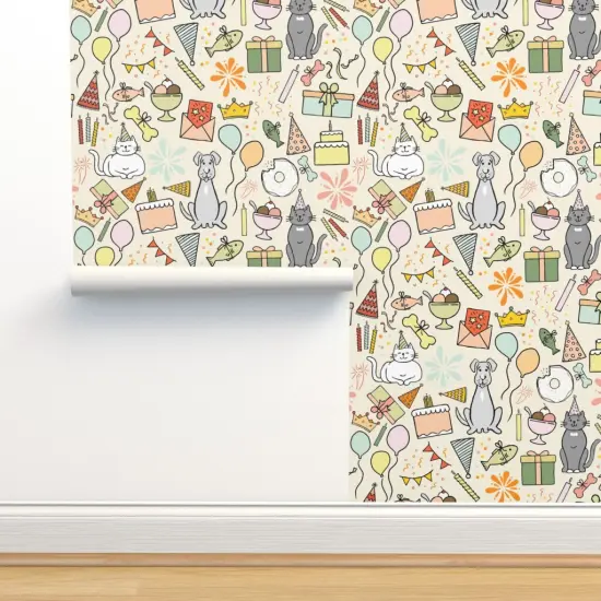 Peel & Stick Wallpaper 2FT Wide Dog Cat Multicolor Presents Whimsical Celebration Playful Balloons Pastels Candles Birthday Cake Bright Summer Colors Gift Large Scale Custom Removable Wallpaper by Spoonflower {2}