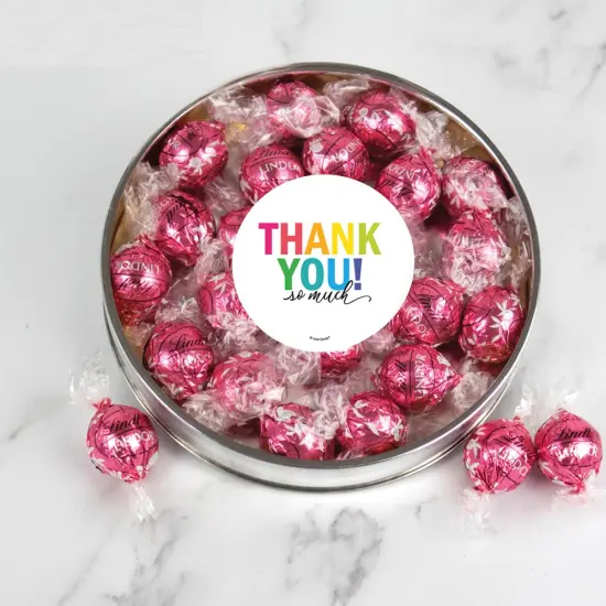 Thank You Candy Gift Tin with Chocolate Lindor Truffles by Lindt Large Plastic Tin with Sticker - By Just Candy {1}