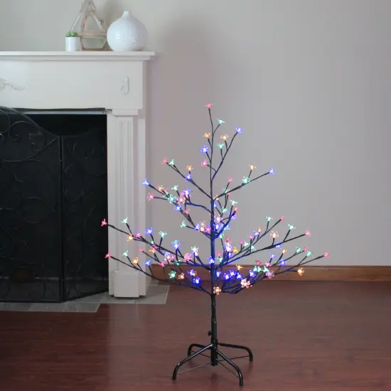 Northlight Pre-Lit Cherry Blossom Flower Artificial Tree - 4' - Multicolor LED Lights Black {1}