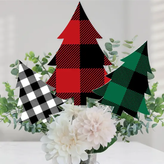 Big Dot of Happiness Holiday Plaid Trees - Buffalo Plaid Christmas Party Centerpiece Sticks - Table Toppers - Set of 15 {1}
