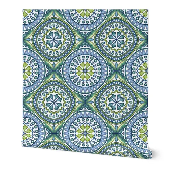 Peel & Stick Wallpaper 2FT Wide Green Blue Ocean Italian Italy Tile Sicily Sicilian Rosette Mandalas Modern Mosaic Geometric Coastal Large Scale Custom Removable Wallpaper by Spoonflower {7}