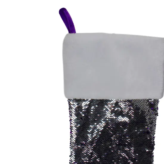 Northlight 23" Purple and Silver Reversible Sequined Christmas Stocking with Faux Fur Cuff {5}