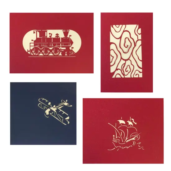 Wrapables (Set of 4) 3D Pop-Up Greeting Cards for Birthday, Thank you, Anniversary, Wedding, Holidays Train Ship Plane {6}