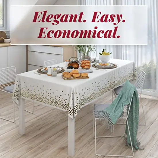 White/Gold Tablecloths, 4pk, 54"x108" - Gold Dot Disposable Tablecloths - Plastic Table Cloth Disposable - White Tablecloths - BBQ, Party, Fine Dining, Wedding, Communion, Baptism Decorations {2}