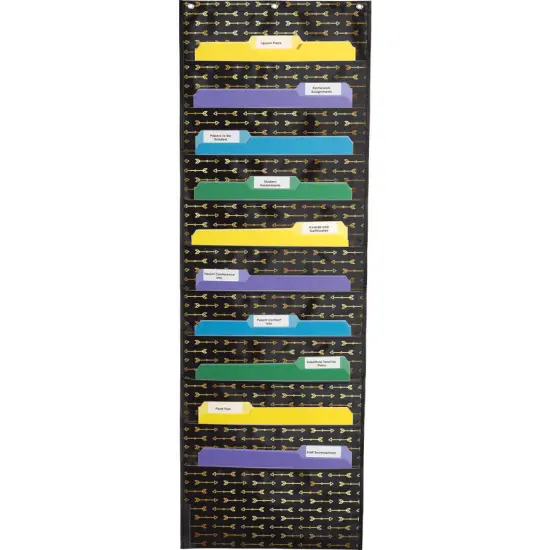 Carson Dellosa 14" x 47" Black Hanging File Folders Storage Pocket Chart With Gold Arrows, 10 Pocket Paper Organizer for Games, Teacher Supplies for Homeschool, Classroom and Office Organization {1}