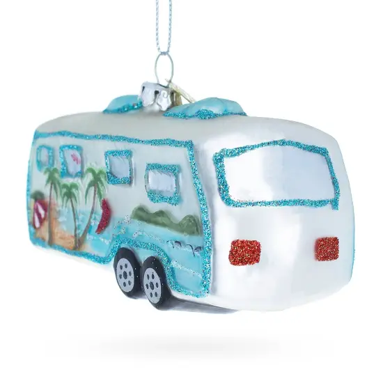Silver Camper Trailer Glass Christmas Ornament {4}