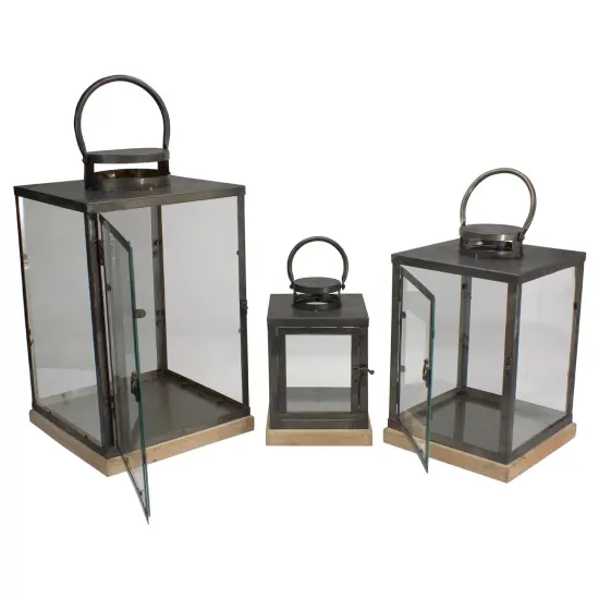 Melrose Set of 3 Bronze Glass Candle Lanterns With a Latch Hook Lock - 21" {5}