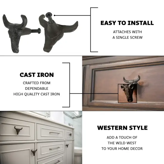 Rustic Cast Iron Western Steer Skull Drawer Pulls Home Cabinet Knobs - Set of 6 {7}