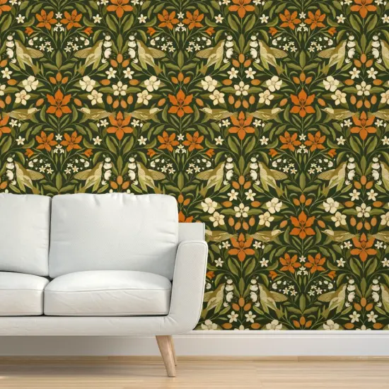 Peel & Stick Wallpaper 2FT Wide Jumbo Floral Green Leaves Orange Lily Flowers Birds Custom Removable Wallpaper by Spoonflower {5}