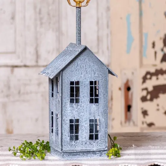 Irvins Country Tinware House Shaped Lamp Base in Weathered Zinc 22 Inches Grey {4}